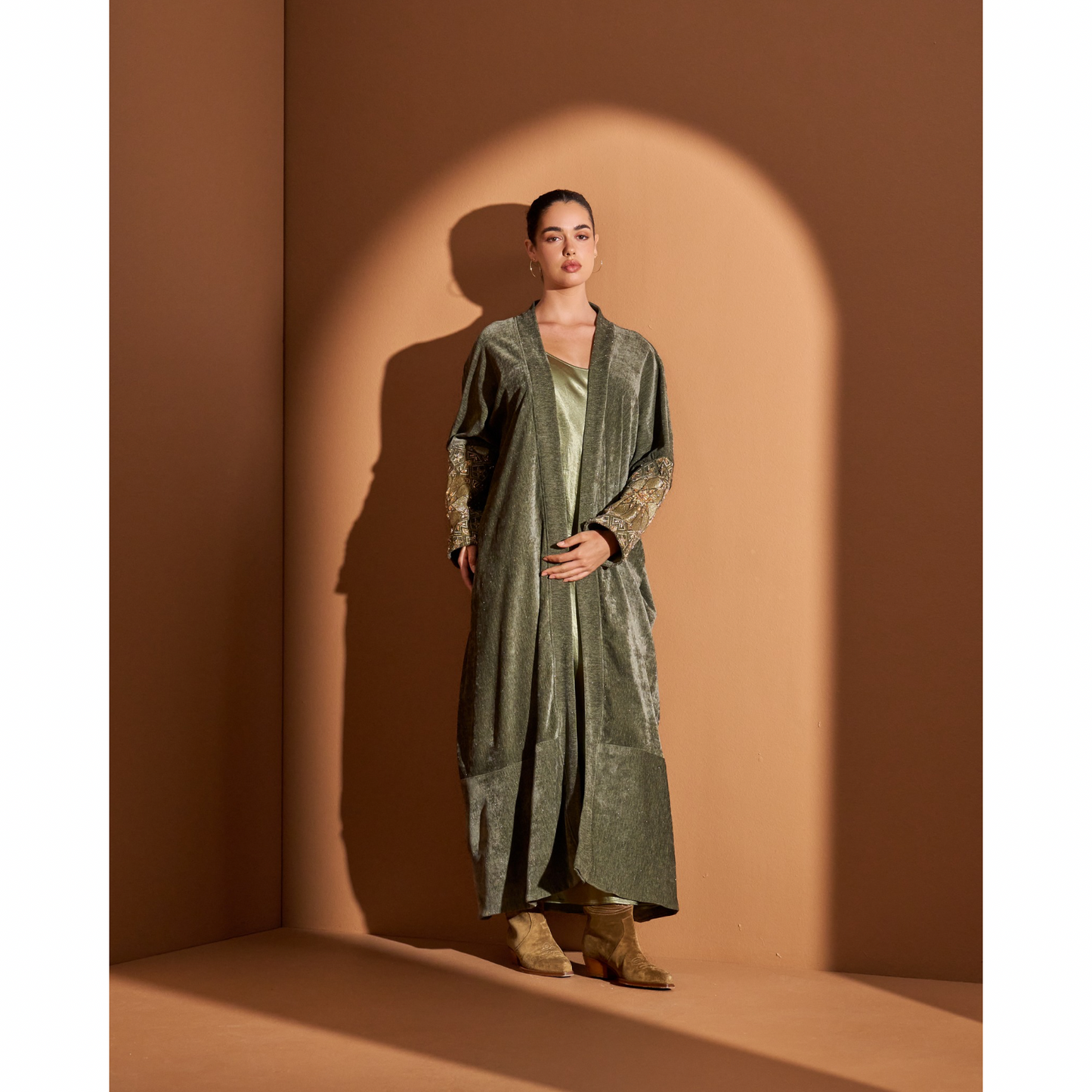 Look 6- Olive Bisht (Hand Embroidered)