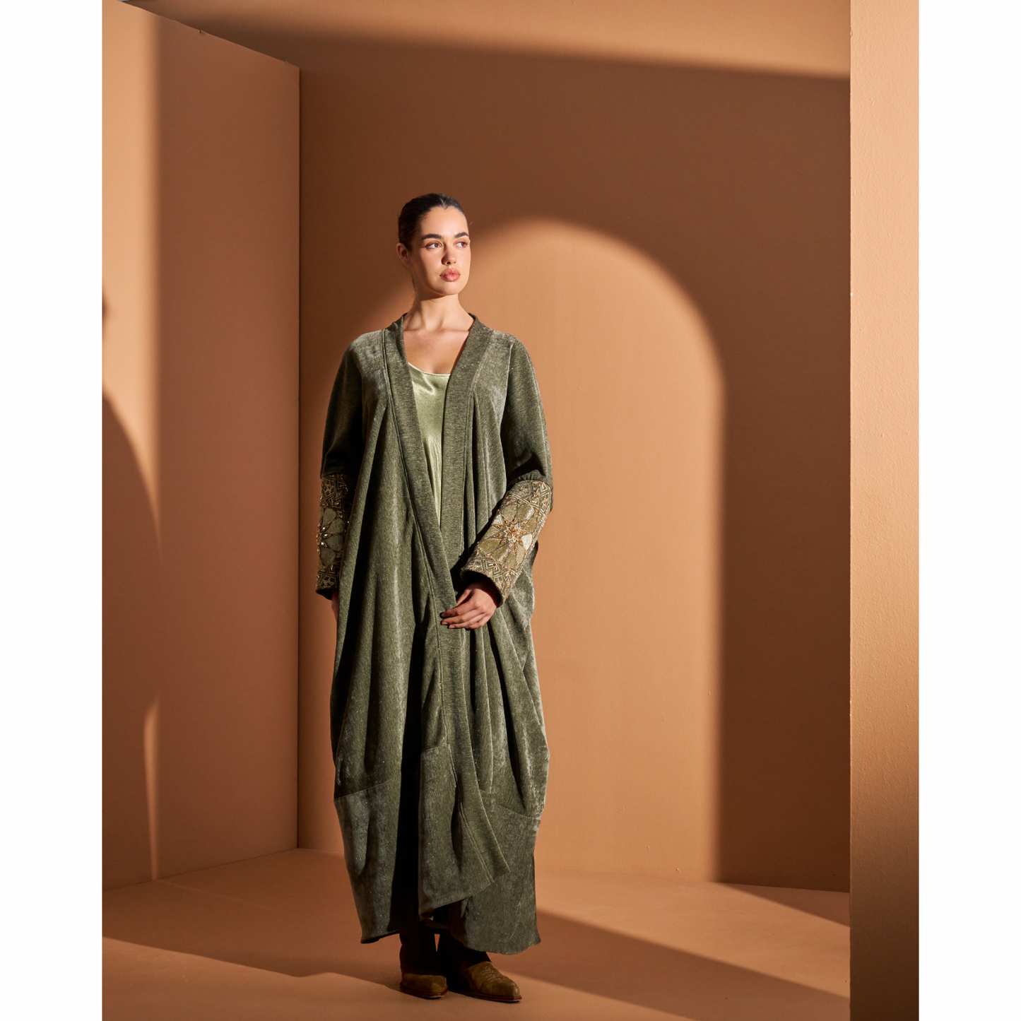 Look 6- Olive Bisht (Hand Embroidered)